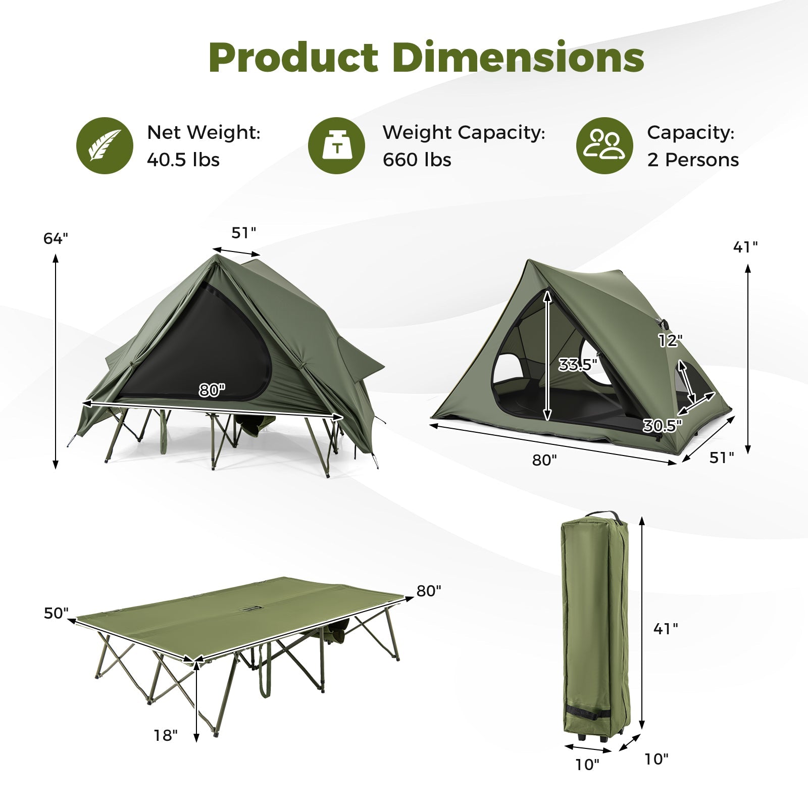 Foldable 2-Person Camping Cot Tent with Wheeled Bag