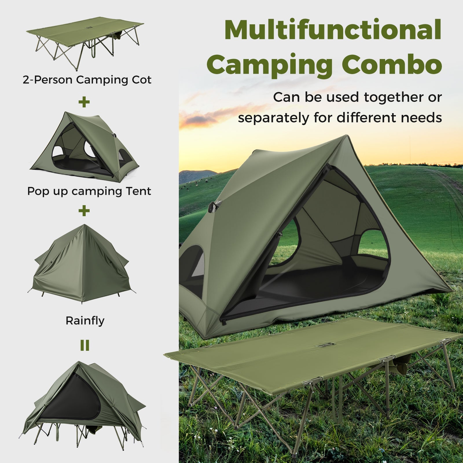 Foldable 2-Person Camping Cot Tent with Wheeled Bag