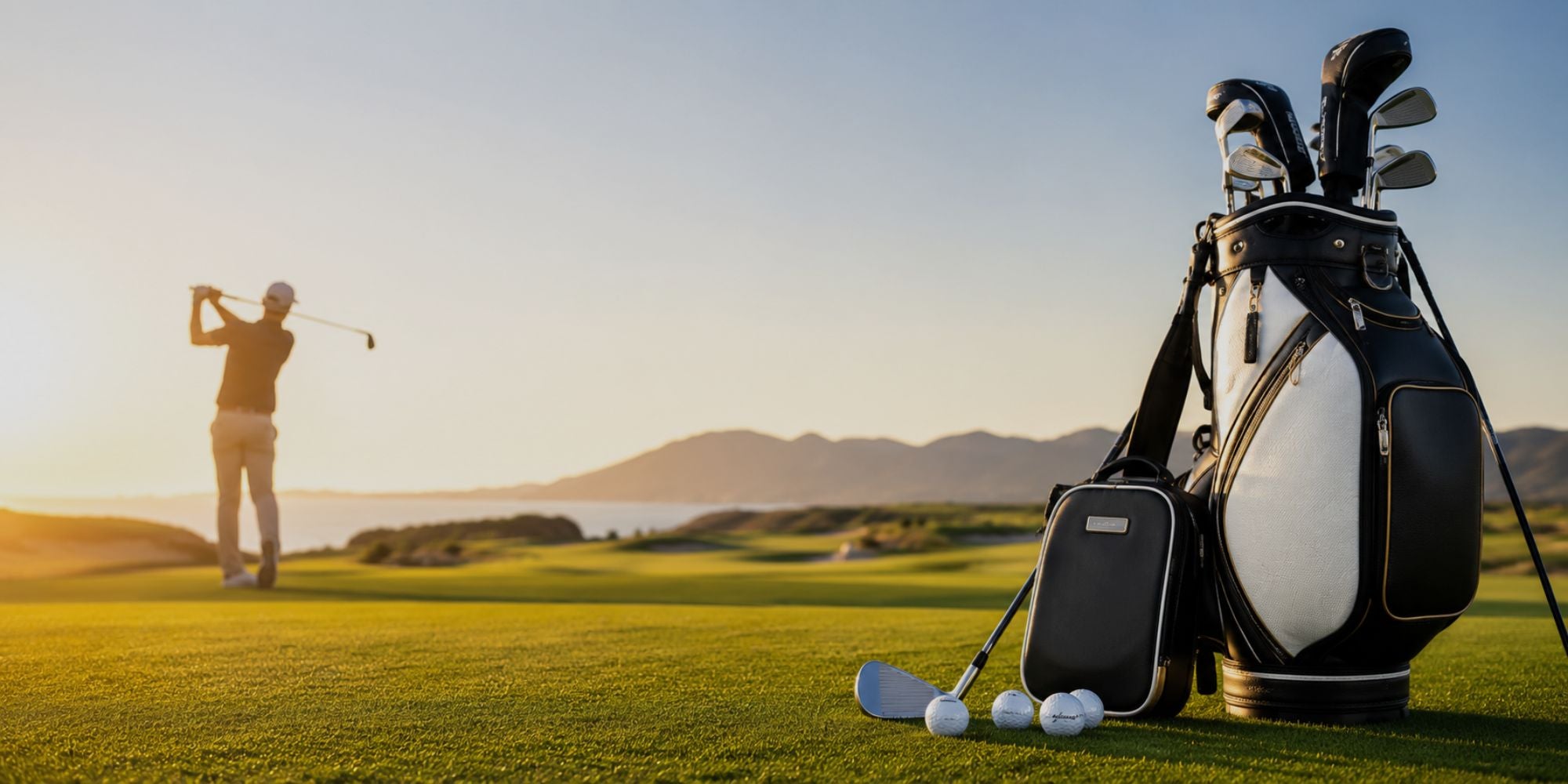 Golf bag with clubs and balls on a golf course with a player in the background