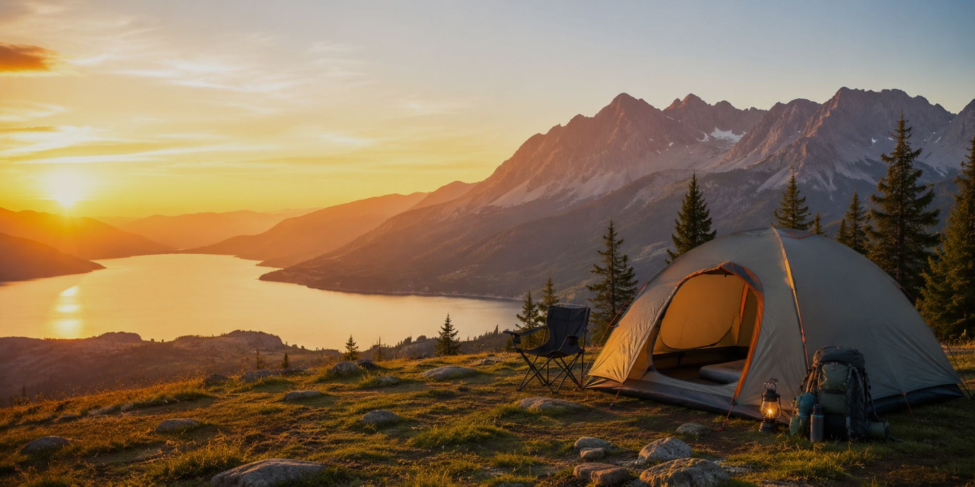 Camping tent with a scenic view of mountains and lake at sunset.